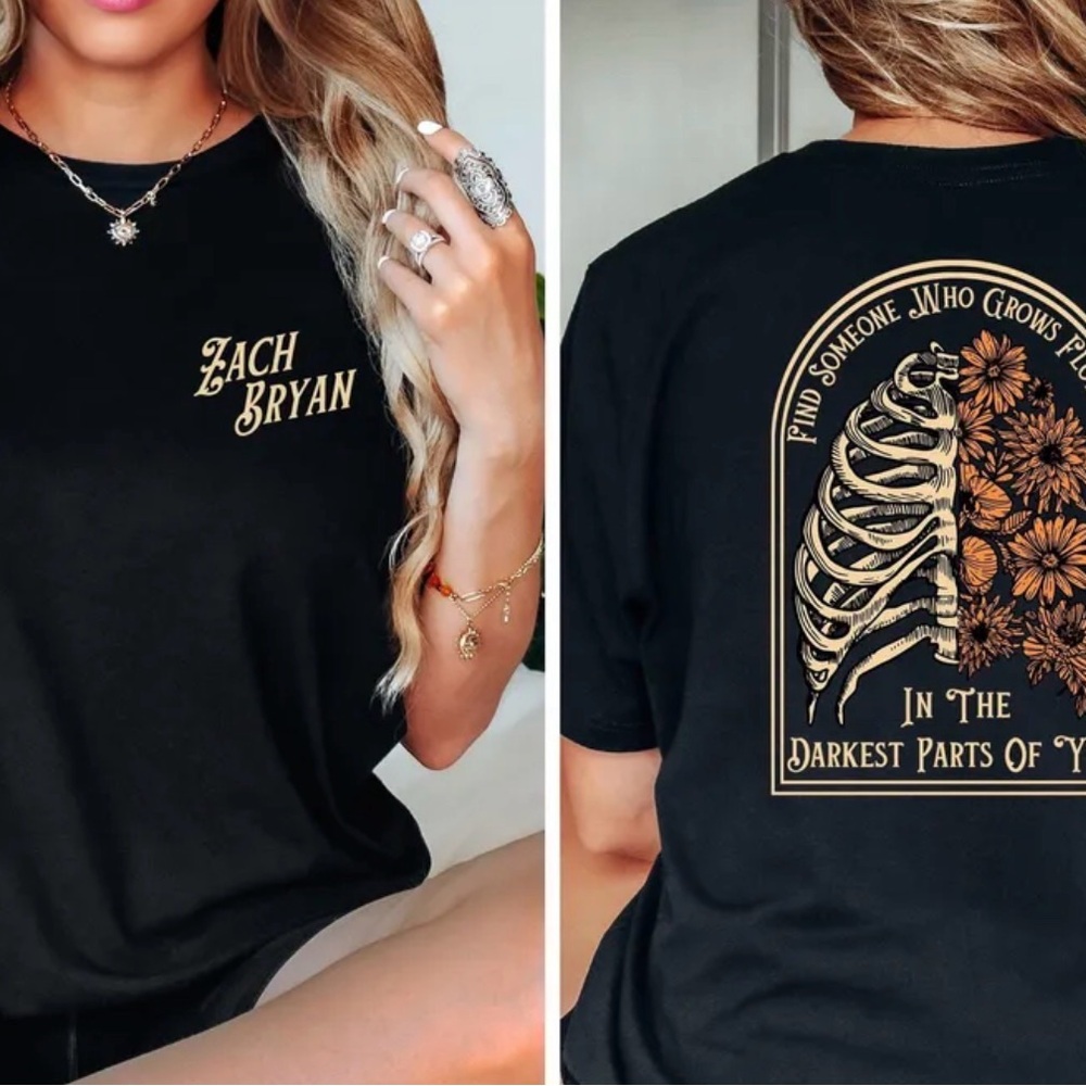 ZACH BRYAN Black Graphic Tee with Skeleton and Floral Design🌸